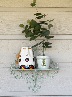 French Shabby Chic Single Distressed Mint Green Metal Wall Shelf, Ornate Scroll